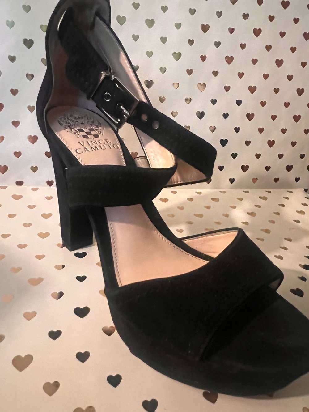 Vince Camuto Black Suede Block Heel Sandals with Ankle Strap